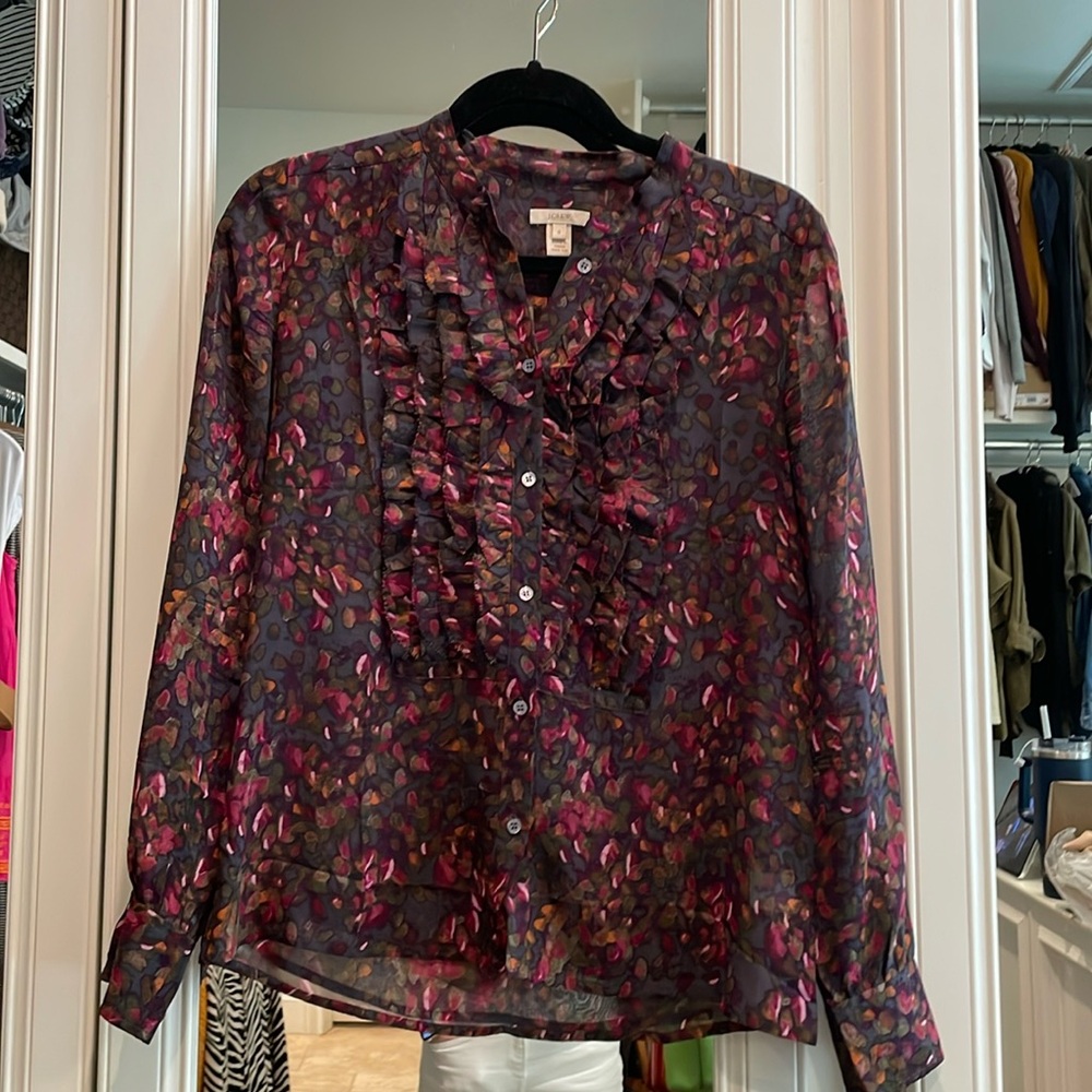 J. Crew Blouse Floral Button Ruffled Raw Edge Pintuck Bodice Band Collar Silk 0